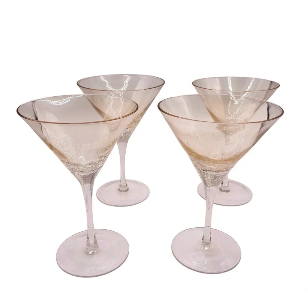 Pier 1 Blush Gold Crackle Martini Glasses Set of 4 MCM Cocktail Stemware 7.5